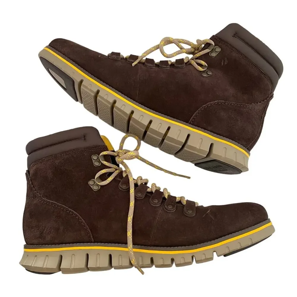 Cole Haan Brown Suede Hiking-Style Lace-Up Boots with Yellow Accents